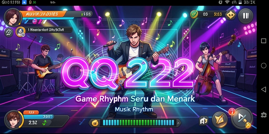 Screenshot antarmuka QQ222 dengan tampilan permainan Musik Rhythm yang menarik.